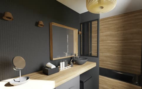 black bathroom and 3D wood